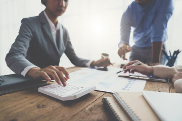 Meeting concept Business team hands at working with financial plan, meeting, discussion, brainstorm with tablet on the office desk, business financial concept.