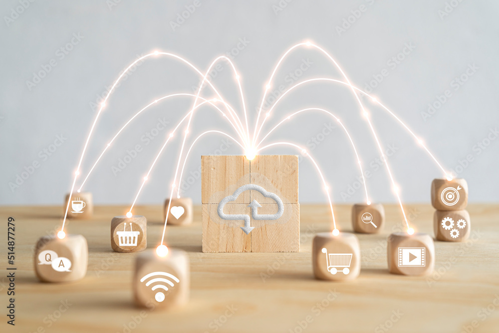 Poster virtual cloud computing are printed screen on wooden cubes block and connect line with others social
