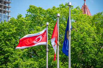 The flag of the City of Calgary waiving in the wind,