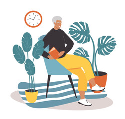 vector illustration in a flat style - a gray-haired man sits in a chair and reads a book