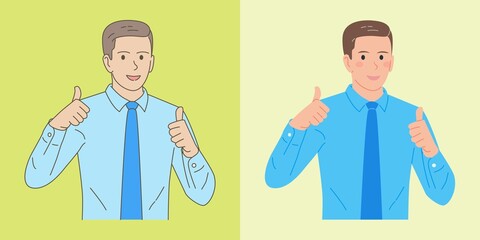 young businessman with two thumbs up hand gesture, with flat and outline style illustrations