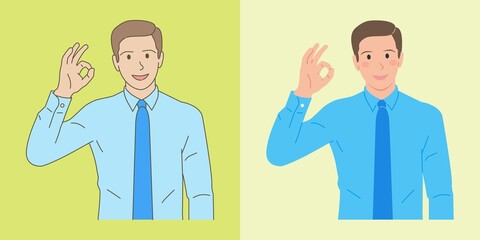 Young businessman with Ok sign hand gesture, with flat and outline style illustrations