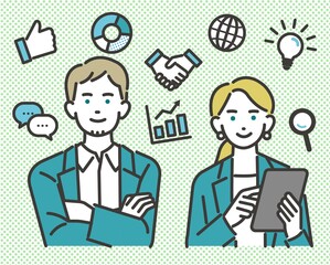 外国人のビジネスパーソンとビジネスアイコンセットのベクターイラスト素材／ビジネス／ビジネスパーソン／アイコン