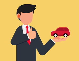 Car in hand, product presentation. Businessman offer Assets on hand ready to doing ok gesture with thumbs up.