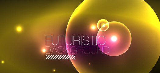 Shiny neon geometric abstract background. Glowing lights on round shapes, triangles and circles. Wallpaper for concept of AI technology, blockchain, communication, 5G, science, business