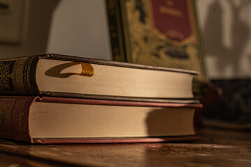 libros elegantes con separador a luz de sol de tarde