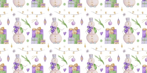 Christmas seamless pattern on a white background. Endless print with gift boxes, a snowman, a snowflake, a purple color heart, a garland of lights, and a branch of a Christmas tree.