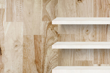 perspective natural grey marble shelve on grunge wood wall for exterior or interior and display show products, studio room