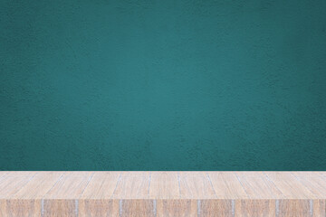 elegance perspective of light color wooden shelve on dark green concrete wall background for  studio room, interior and display show products