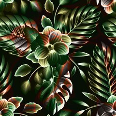 green light tropical monstera plants and palm foliage seamless pattern on night background. flowers pattern. nature decorative. tropical wallpaper. jungle background pattern. Exotic Summer design