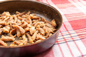 Slices of fried meat in a frying pan