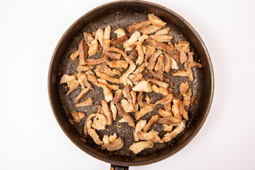Slices of fried meat in a frying pan