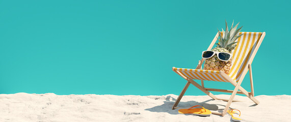 Pineapple relax on the beach. Summer vacation concept. 3d rendering - obrazy, fototapety, plakaty