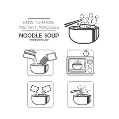 Cooking instruction icon set, instant noodles - noodle soup for microwave user