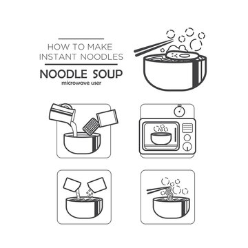 Cooking Instruction Icon Set, Instant Noodles - Noodle Soup For Microwave User