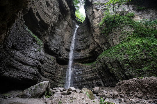 Adai-su waterfall in the mountains of the North Caucasus in Russia