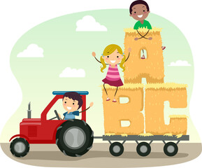Plakat Stickman Kids Farm Fun Haystack Illustration