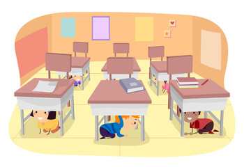 Stickman Kids Earthquake Drill Illustration