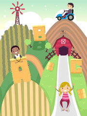 Stickman Kids Farm Fun Hills Slide Illustration