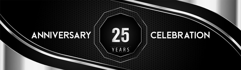 25 years silver anniversary logo celebration with frames and corners isolated on black dotted background. Premium design for a birthday party, celebration events, greetings card, banner, marriage.