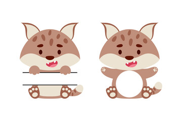 Cute little lynx split monogram. Funny cartoon character for kids t-shirts, nursery decoration, baby shower, greeting cards, invitations, scrapbooking, home decor. Vector stock illustration