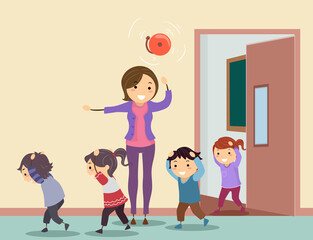 Kids Teacher Walking Earthquake Drill Illustration