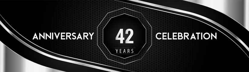 42 years silver anniversary logo celebration with frames and corners isolated on black dotted background. Premium design for a birthday party, celebration events, greetings card, banner, marriage.