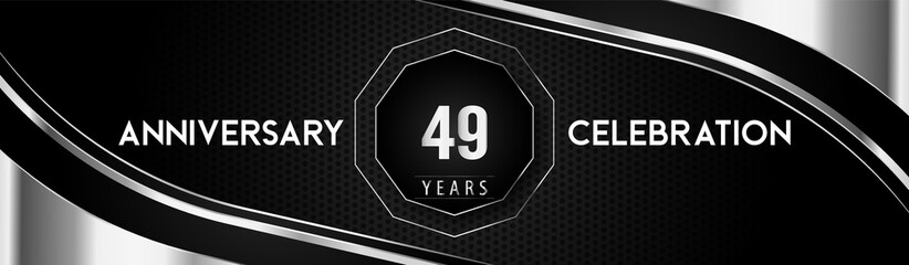 49 years silver anniversary logo celebration with frames and corners isolated on black dotted background. Premium design for a birthday party, celebration events, greetings card, banner, marriage.