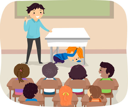 Kids Teacher Earthquake Drill Illustration