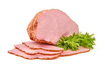 Hot stuffed pork ham with lettuce leaf, isolated on white background.