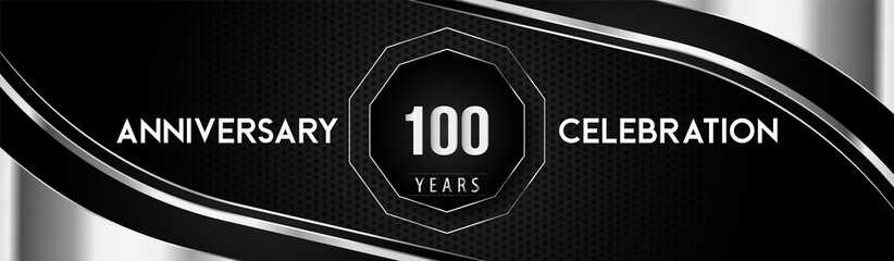 100 years silver anniversary logo celebration with frames and corners isolated on black dotted background. Premium design for a birthday party, celebration events, greetings card, banner, marriage.