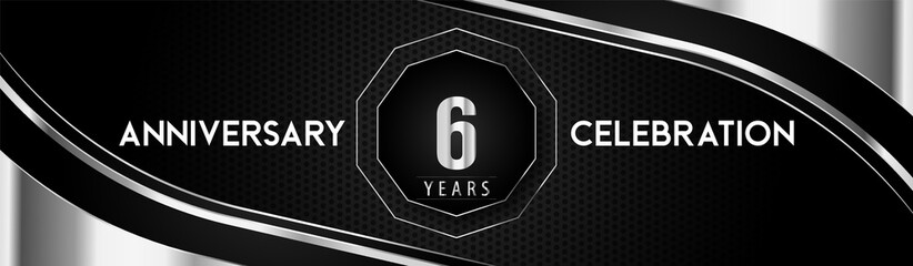 6 years silver anniversary logo celebration with frames and corners isolated on black dotted background. Premium design for a birthday party, celebration events, greetings card, banner, marriage.