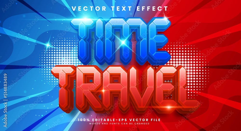 Poster time travel 3d editable vector text effect with blue and red colors.