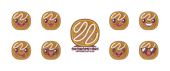 Okonomiyaki cartoon. Japanese food vector illustration. icon, emoticons, cartoons