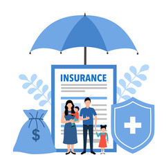 Umbrella shield of family insurance about care, safety, security and protection. Life or health insurance concept.
