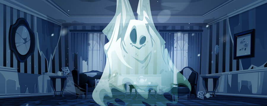 Ghost in night abandoned living room. Funny spook cartoon Halloween character, fantasy monster, spooky spirit personages say boo. Horror, phantom creature in old haunted house, Vector illustration