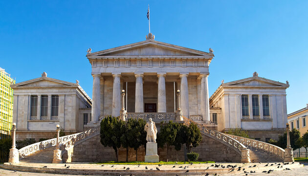 The National Library neoclassical building facade under clear blue sky. Travelling in Athens, Greece.
