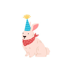 Obraz premium Cute rabbit in cone hat celebrating birthday, flat vector illustration isolated on white background.