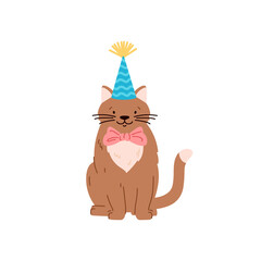 Cute smiling cat character with bow around neck and party hat flat style