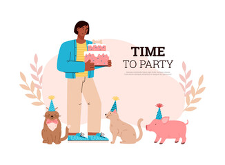 Pet birthday party greeting or invitation card, man holding cake for cats and pig, flat vector illustration.