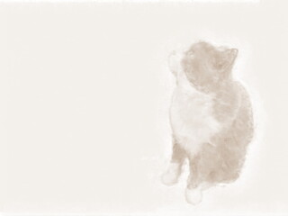 Sketch of a sitting cat. Painting in sepia color with rough touch.