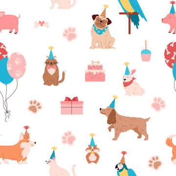 Pets birthday party seamless pattern with cute dogs, cats, hamster and parrot - flat vector illustration.