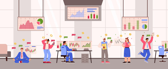 Stock traders checking financial charts, broker office - flat vector illustration.
