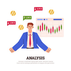 Investment risk and stock market analysis of banner flat vector illustration.