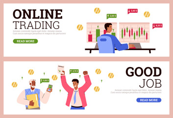 Online trading and stock market web banners set, flat vector illustration.