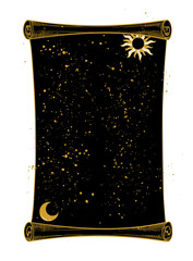 Large mystical scroll with sun and moon. Astrological heavenly card for text, tarot template, mystical night sky, graphic design element, mystery of life, infinite universe. Vector.