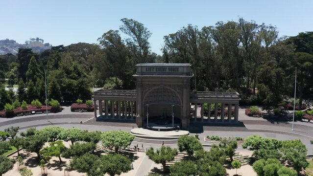 Aerial push-in close-up shot of the Spreckles Temple of Music in Golden Gate Park, San Francisco. 4K