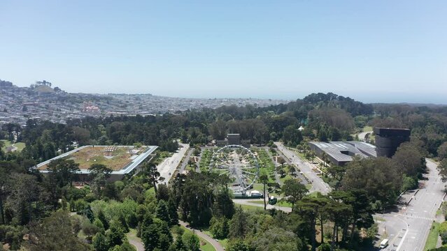 Aerial wide descending shot of the Music Concourse in Golden Gate Park, San Francisco. 4K