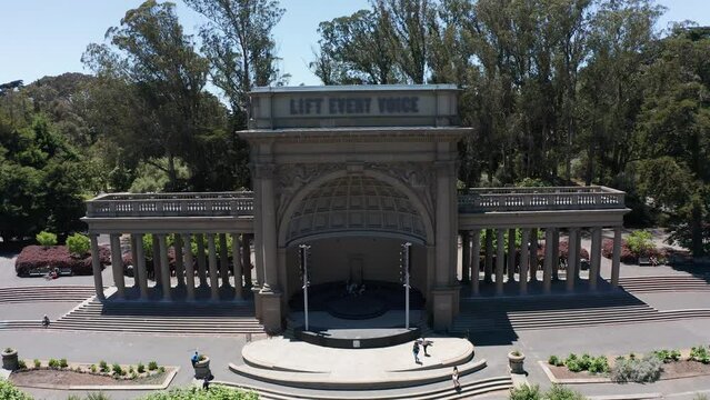 Close-up panning aerial shot of the Spreckles Temple of Music bandshell in Golden Gate Park, San Francisco. 4K