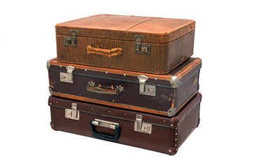 Stack of old leather vintage suitcases isolated on white